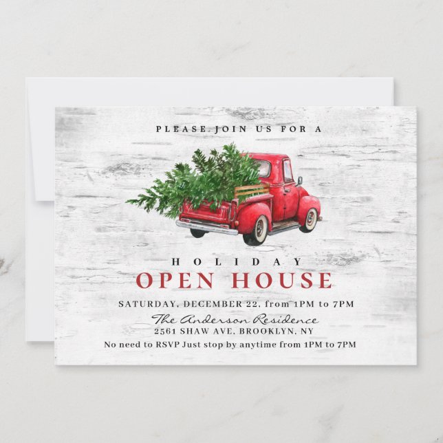 Retro Red Truck Birch Christmas HOLIDAY OPEN HOUSE Invitation (Front)