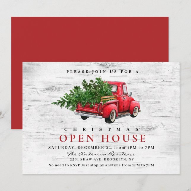 Retro Red Truck Birch Christmas HOLIDAY OPEN HOUSE Invitation (Front/Back)