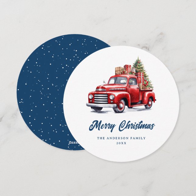 Retro Red Truck Blue Merry Christmas Card (Front/Back)