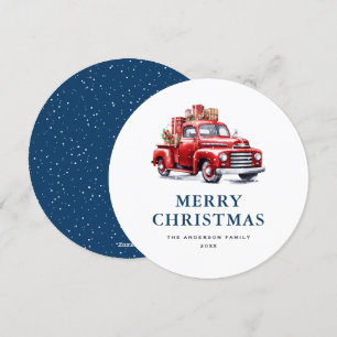 Retro Red Truck Blue Merry Christmas Card