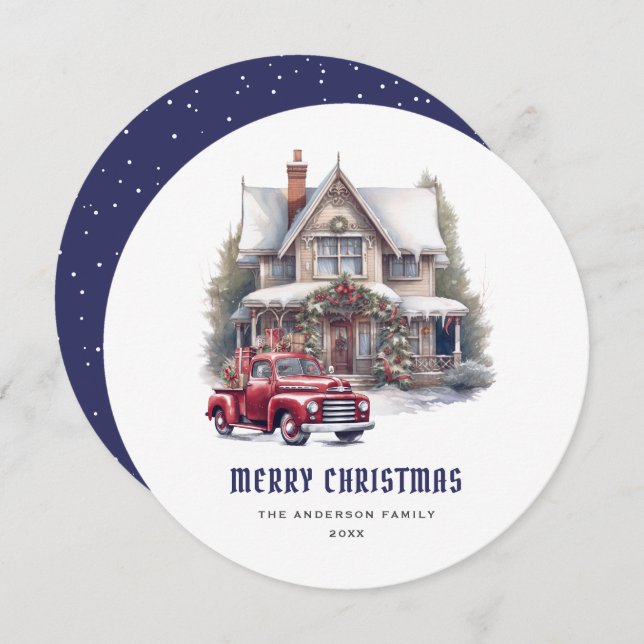 Retro Red Truck Blue Merry Christmas Card (Front/Back)