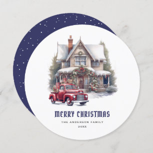 Retro Red Truck Blue Merry Christmas Card