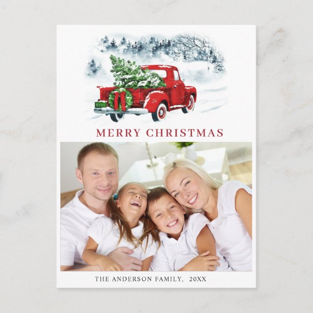 Retro Red Truck Christmas Greeting Holiday Photo Postcard (Front)