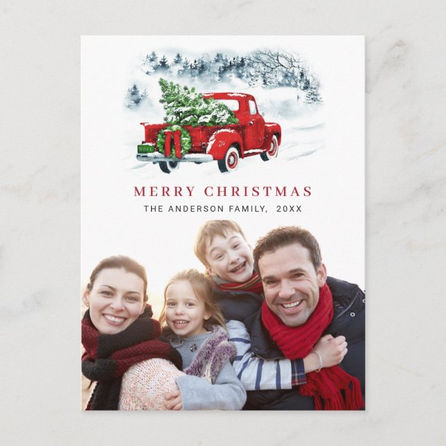 Retro Red Truck Christmas Greeting Holiday Photo Postcard (Front)