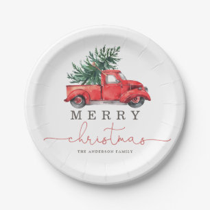 Retro Red Truck & Christmas Pine Tree Paper Plate