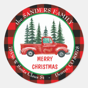 Retro Red Truck Christmas Tree Return Address  Classic Round Sticker