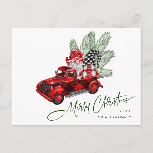 Retro Red Truck Gnomes Christmas Holiday Greeting Postcard (Front)