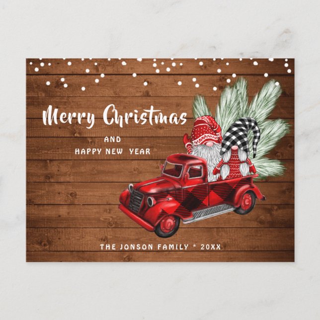 Retro Red Truck Gnomes Christmas Holiday Greeting Postcard (Front)