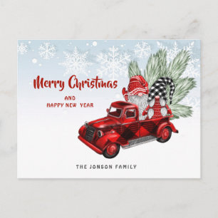 Retro Red Truck Gnomes Christmas Holiday Greeting Postcard