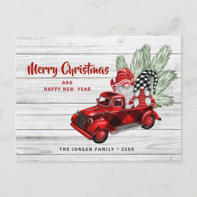 Retro Red Truck Gnomes Christmas Holiday Greeting Postcard (Front)