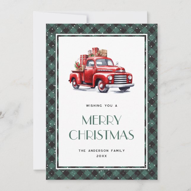 Retro Red Truck Green Plaid Merry Christmas Card (Front)