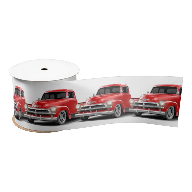 Retro Red Truck On White Satin Ribbon (Spool)