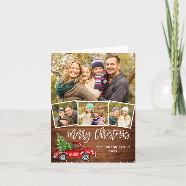 Retro Red Truck Rustic 3 PHOTO Christmas Greeting Holiday Card (Front)