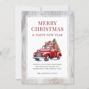Retro Red Truck Rustic Wood Tree Merry Christmas Holiday Card
