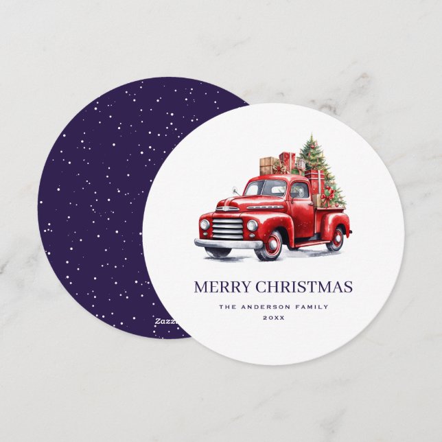Retro Red Truck Violet Merry Christmas Card (Front/Back)