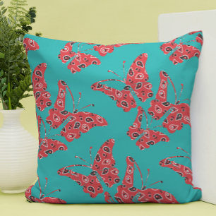 Retro Red & Turquoise Bandanna Butterflies Cushion