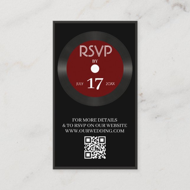 Retro Red Vinyl Record QR Code Website Black RSVP  Enclosure Card (Front)