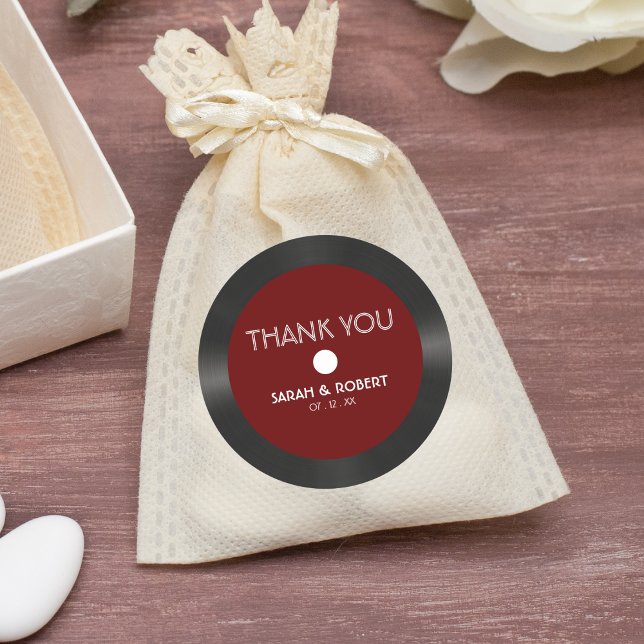 Retro Red Vinyl Record Wedding Thank You Classic Round Sticker (Retro Red Vinyl Record Wedding Thank You Classic Round Sticker)
