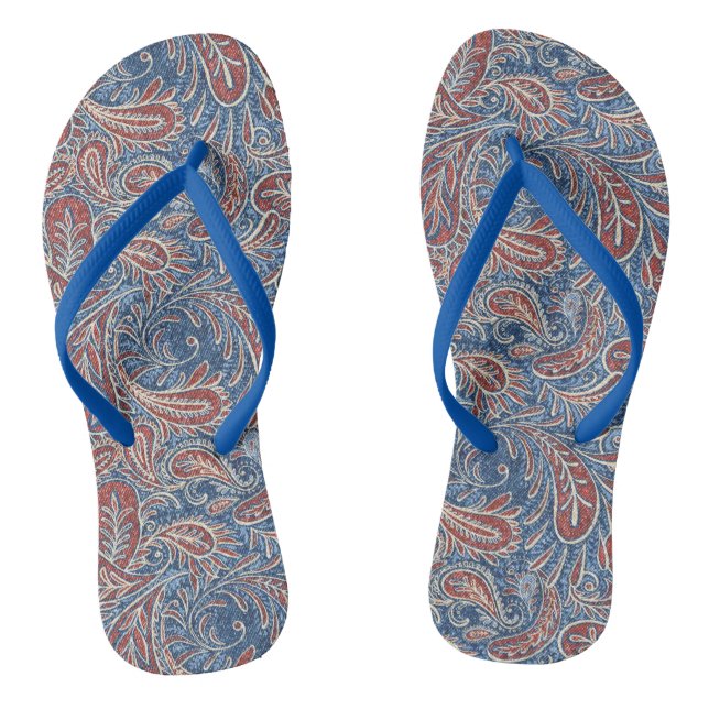 Retro Red, White and Blue Paisley Pattern Flip Flops (Footbed)