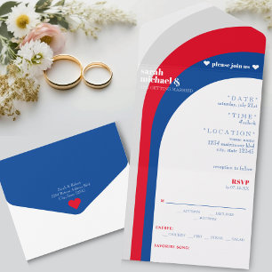 Retro Red White & Blue Curved Arch Stripe Wedding All In One Invitation