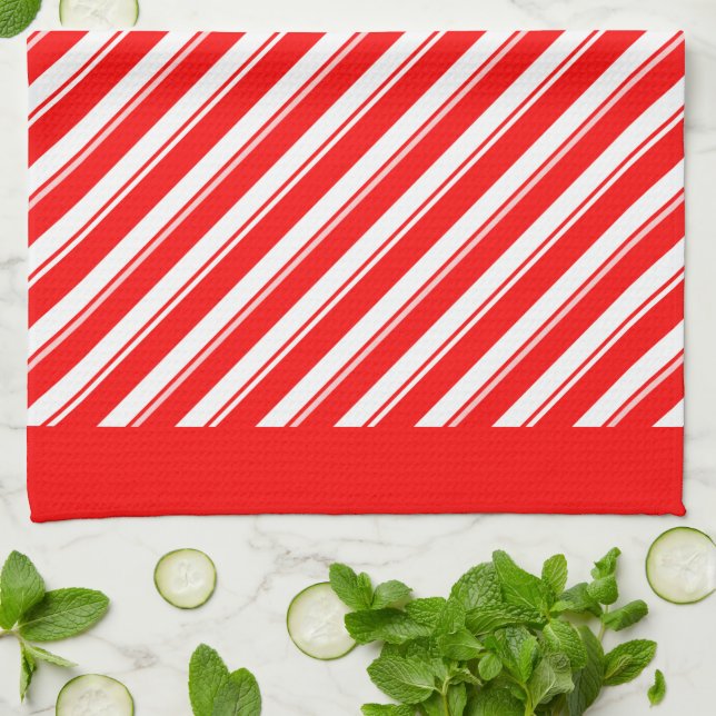 Retro Red White Diagonal Candy Stripes Pattern Tea Towel (Folded)