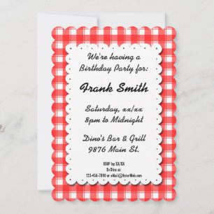 Retro Red White Gingham Plaid Editable Invitation