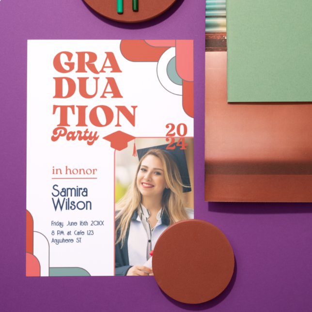 Retro Red & White Graduation Party Invitation (Retro Graduation Invitations
Groovy Graduation Party
Rounded Corner Photo Invitations
70s Graduation)