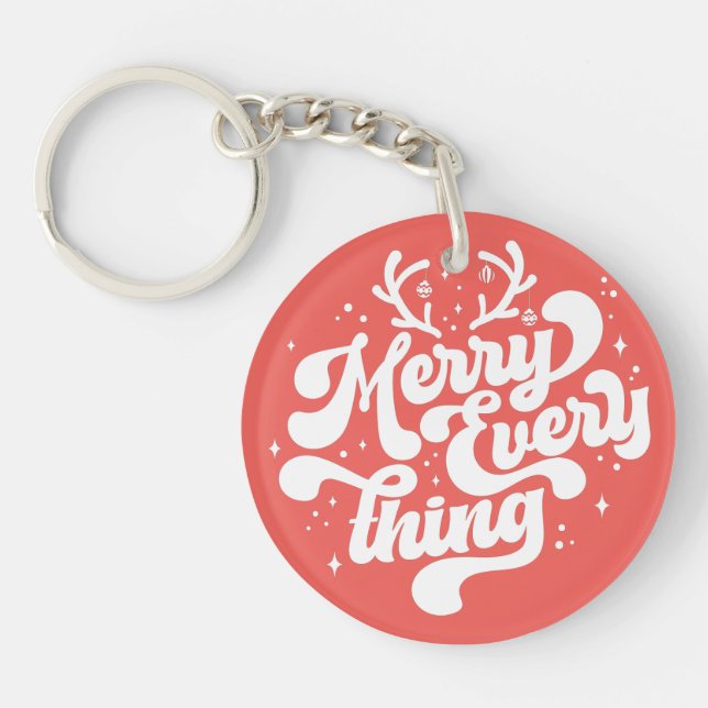 Retro Red White Merry everything Merry Christmas  Key Ring (Front)