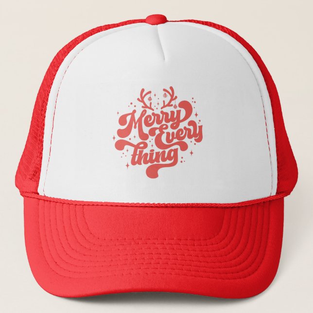 Retro Red White Merry everything Merry Christmas  Trucker Hat (Front)