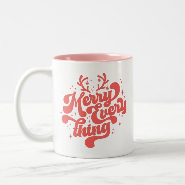 Retro Red White Merry everything Merry Christmas  Two-Tone Coffee Mug (Left)