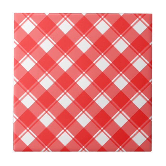 Retro Red White Plaid Stripes Pattern Tile (Front)