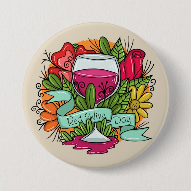 Retro Red Wine Day, floral arsty wine 7.5 Cm Round Badge (Front)