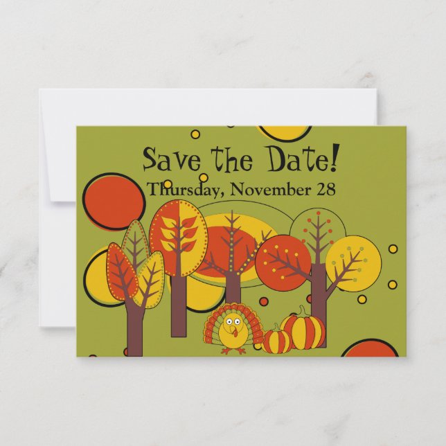 Retro Red, Yellow and Green Thanksgiving Design Save The Date (Front)