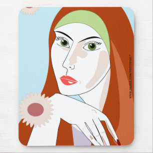Retro Redhead Floral Fashion Portrait Art Mouse Mat