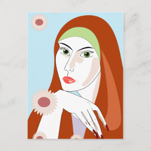 Retro Redhead Floral Fashion Portrait Art Postcard