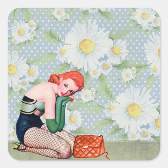 Retro Redhead Pin-up Girl Square Sticker (Front)