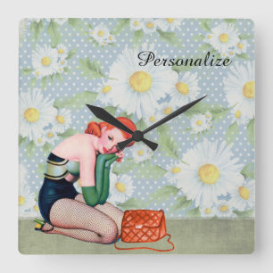 Retro Redhead Pin-up Girl Square Wall Clock