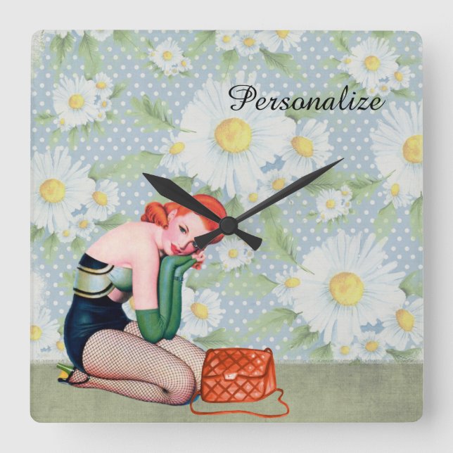 Retro Redhead Pin-up Girl Square Wall Clock (Front)