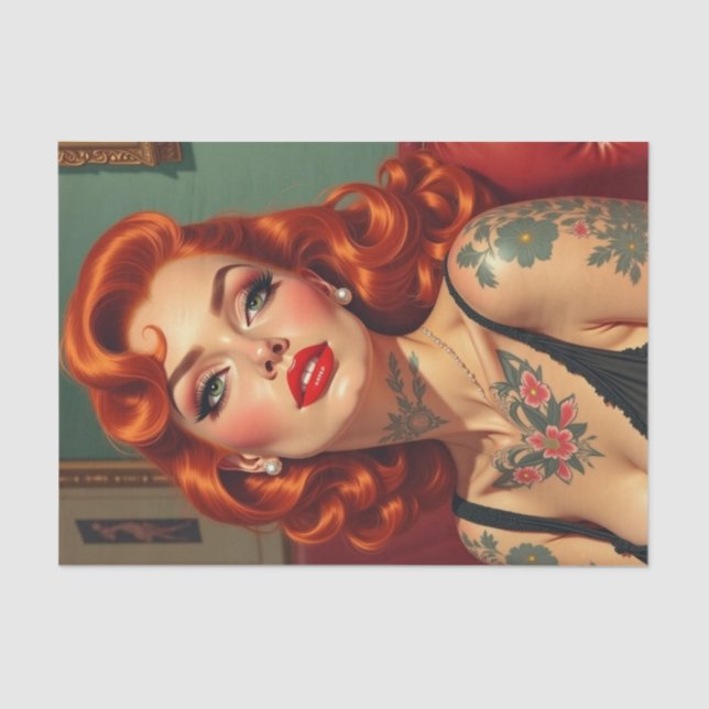 Retro Redhead Pin-Up with Tattoos Decoupage  Tissue Paper (Front)