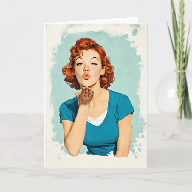 Retro Redhead Sending Sweet Kiss Card (Front)