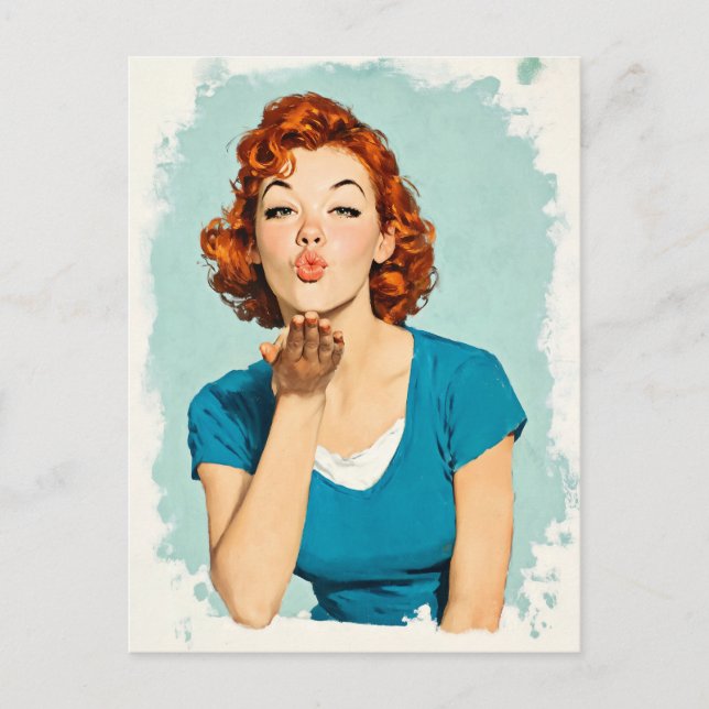 Retro Redhead Sending Sweet Kiss Postcard (Front)