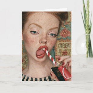 Retro Redhead Sipping Soda Pop Card