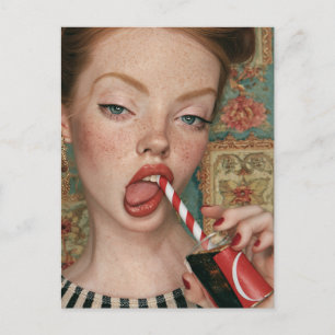 Retro Redhead Sipping Soda Pop Postcard