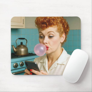 Retro Redhead Texting On a Cell Phone Mouse Mat