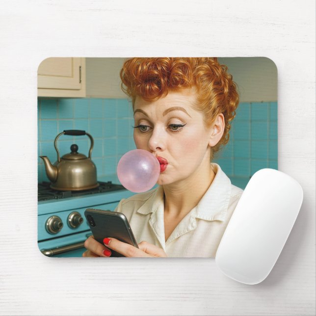 Retro Redhead Texting On a Cell Phone Mouse Mat (With Mouse)