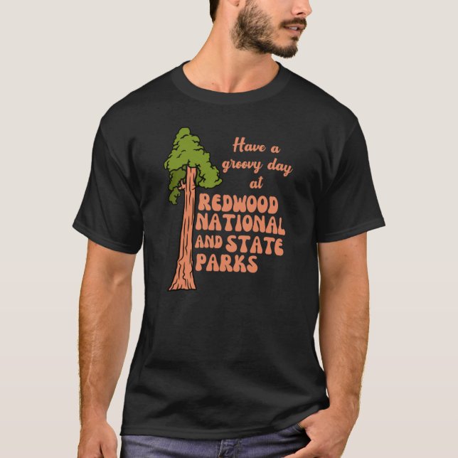 Retro Redwood National and State Parks Orange Text T-Shirt (Front)
