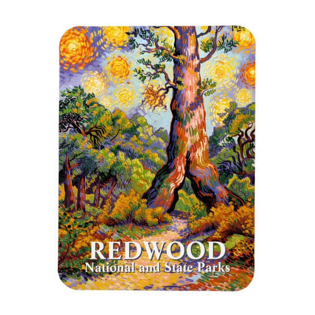 Retro Redwood National Park Vibrant Van Gogh Style Magnet (Vertical)