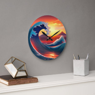 Retro Reimagining of The Great Wave Off Large Clock
