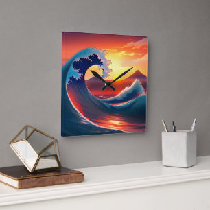 Retro Reimagining of The Great Wave Off Square Wall Clock