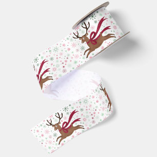 Retro Reindeer Atomic Midcentury Modern Snowflake Satin Ribbon